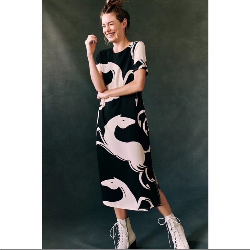 Anthropologie Black Corey Lynn Calter Horse Print Midi Dress Size XS NWT